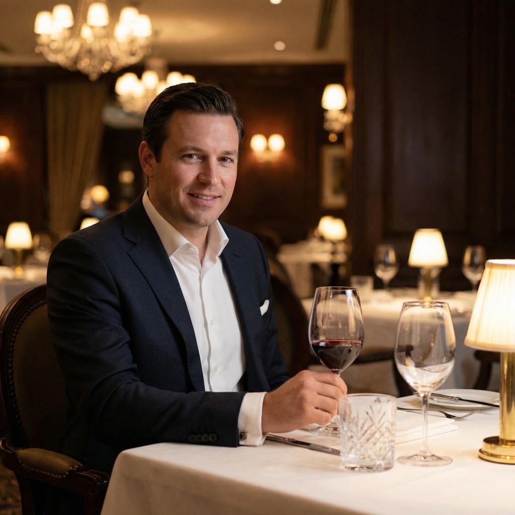 AI-generated example of a man holding a wine glass at a restaurant table