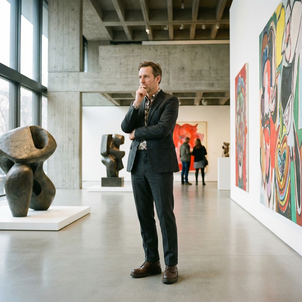 AI-generated full-body example of a man standing in an art gallery