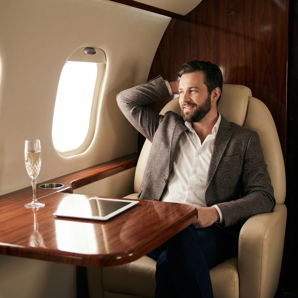 AI-generated example of a man seated inside a private aircraft