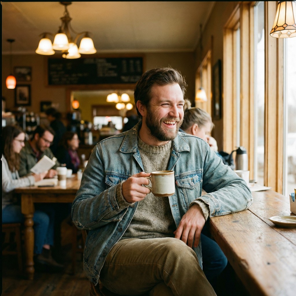 AI-generated example of a smiling man holding a mug in a cafe