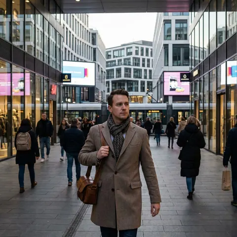 AI-generated portrait of a man in a coat walking along a city street