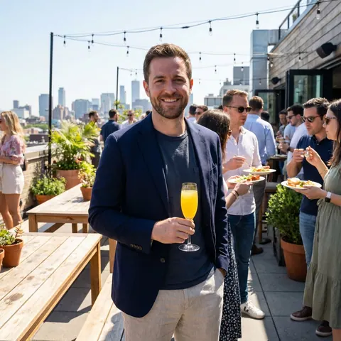AI-generated portrait of a man in a navy jacket at an outdoor gathering