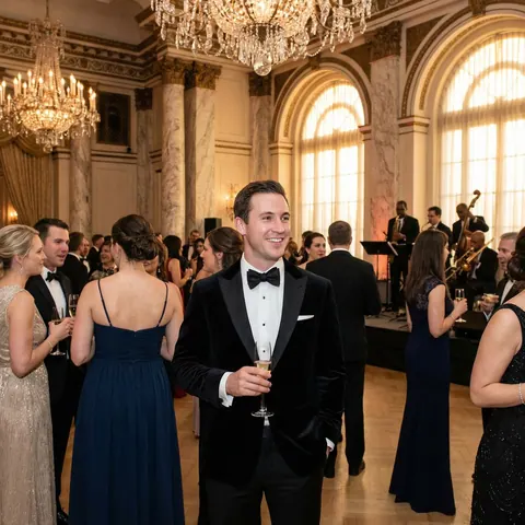 AI-generated portrait of a smiling man in a tuxedo holding a champagne glass at a formal reception