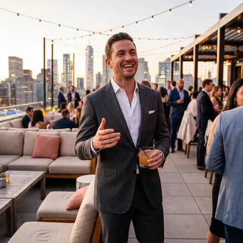 AI-generated portrait of a smiling man in a suit on a rooftop terrace